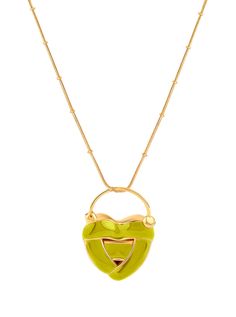 a yellow necklace with a heart shaped pendant on the front and gold chains around it