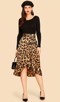 Welcome to the Jungle with this animal print skirt. Featuring a ruffled hem with an asymmetrical design and wrap-style front with a sash bow waist. This skirt pairs perfectly with bodysuits, or tops. This skirt is perfect for the office paired with a blazer to keep you look Office Chic or pair with a bodysuit, heels and statement jewelry for rocking night on the town. Made with a polyester and cotton blend for comfort and style. Skirt And Bodysuit Outfits, Wrap Skirt Outfit, Work Skirt Outfit, Printed Skirt Outfit, Halter Top And Skirt, Leopard Print Outfits, Bodysuit And Skirt, Leopard Print Fashion, Look Office