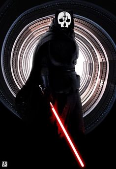 darth vader standing in front of a circular light