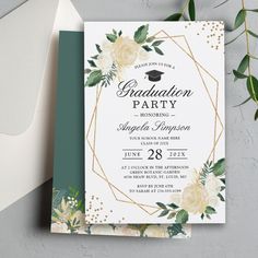 a graduation party card with flowers and greenery on the front, in gold foil