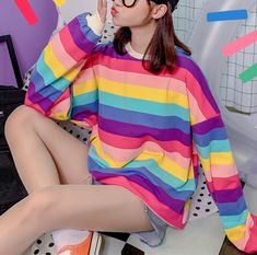 Free Shipping~|| Rainbow Stripe Color Block Sweatshirt Rainbow Sweatshirt, Rainbow Clothes, Rainbow Outfit, Stripe Outfits, Color Block Sweatshirt, Purple Light, Pretty Clothes, Rainbow Stripes, Orange Pink