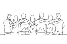 a line drawing of people standing in a row with their arms around each other, facing the same direction