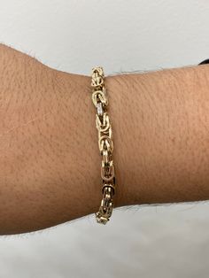 "14K 5.5MM Byzantine Bracelet -Solid 14K REAL Gold!! -Beautifully made Byzantine chain bracelet -Two toned finish (white and yellow gold) -Lightweight design -Perfect for daily wear -Will *NOT* Tarnish ! -Very sturdy lobster clasp -5.5MM in thickness -Available in 8\" inches in length -(Message us if you have any other questions) -*ITEMS SOLD BY PIECE THEREFORE WEIGHT IS UNDETERMINED*" Luxury Byzantine Bracelets With Intricate Design, Luxury Byzantine Gold Bracelet For Formal Occasions, Luxury Byzantine Bracelet With Intricate Design, Luxury 22k Gold Byzantine Jewelry, Byzantine Gold Bracelet, Luxury Formal Byzantine Gold Bracelet, Luxury Handmade Byzantine Bracelets, Luxury Byzantine Engraved Bracelets, Luxury Byzantine Bracelet For Ceremonial Occasion