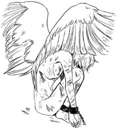 a drawing of an angel kneeling down with her hands on her knees and wings spread out