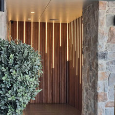 an entrance to a building with wooden slats on the wall and plants in front