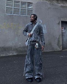 Denim Cargo Pants Men, Denim Cargo Pants Outfit Street Styles, Gray Denim Jacket Outfit, Cybercore Outfits Men, Denim Jacket Outfit Mens, Baggy Cargo Pants Outfit, Villain Arc, Women's Cargo Pants, Cargo Pants For Women