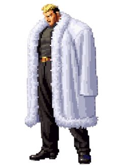 a man in a white fur coat and black pants is standing with his hands on his hips