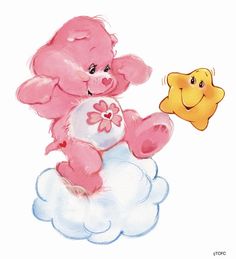 a pink teddy bear sitting on top of a cloud next to a smiling yellow star