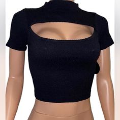 Sexy Black Seamless 0/S Mock Neck S/S Cut Out Tank Crop Top New Basic Party Goth. Ribbed Texture Keyhole Cut-Out. Stretchy Nylon/Spandex And Fitted. New! Trendy High Stretch Black Crop Top, High Stretch Party Tops, High Stretch Solid Color Tops For Party, High Stretch Cropped Top For Club, Trendy Fitted Crop Top With Hollow Out Details, Fitted Hollow Out Crop Top, Trendy Fitted Hollow Out Crop Top, High Stretch Y2k Tops For Club, Black High Stretch Crop Top For Party