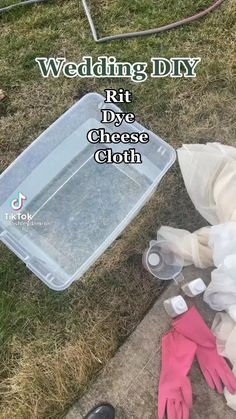 a plastic box with gloves and other items on the ground next to it that says, wedding diy kit dye cheese cloth