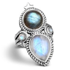 PRICES MAY VARY. THE ULTIMATE CELESTIAL RING - With its star and moon design, this piece exudes boho chic vibes, making it a perfect accessory for everyday wear. The iridescent labradorite and gleaming moonstone gems create a mesmerizing look that's sure to turn heads. Crafted with sterling silver, this ring is both durable and stylish. Elevate your jewelry collection with this stunning piece. MOONSTONE AND LABRADORITE MEANING - The Moonstone symbolizes feminine energy. represent the great power Colored Stone Rings, Moonstone Ring Sterling Silver, Blue Stone Ring, Moonstone Crystal, Celestial Jewelry, Labradorite Ring, Crystal Rings, Boho Rings, 925 Silver Rings