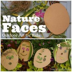 nature faces made out of cardboard are displayed in front of some flowers and plants with text overlay that reads, nature faces outdoor art for kids