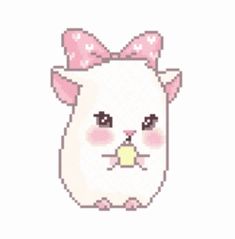 a cross stitch pattern of a white cat with pink bows on its head and eyes