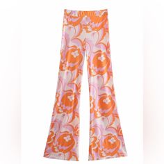 This Is Made Of Polyester. This Pants Features Full Length, Flare Pants Style, High Waist Type, Elastic Waist. Matching Shirt Also Listed. Respectable Offers Considered. Trendy High-waisted Floral Print Pants, Casual Pink Flare Wide Leg Pants, Casual Pink Wide Leg Flare Pants, Spring Flare Wide Leg Pants With Elastic Waistband, Summer Floral Print Pink Wide Leg Pants, Pink High Waist Non-stretch Pants, High Waist Non-stretch Pink Pants, Non-stretch High Waist Pink Pants, Pink Spring Loungewear Pants