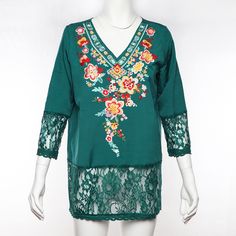 Women's Blouse Top Embroidery Floral V-Neck Lace Patchwork Ladies Blouse Bohemian V-neck Blouse With Embroidered Hem, Spring Floral Embroidered V-neck Top, Summer V-neck Top With Geometric Embroidery, Multicolor Floral Embroidered V-neck Top, Green Embroidered V-neck Top, Summer Floral Embroidered Long Sleeve Lace Top, Bohemian V-neck Blouse With Multicolor Embroidery, Summer Long Sleeve Lace Top With Floral Embroidery, Green Embroidered V-neck Blouse