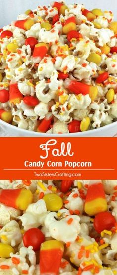 a bowl filled with candy corn popcorn on top of a table