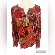 Very Nice!! Jane + Delancey Orange/Red Floral Rayon Blouse Sz Large Nwot Sheer Long Sleeve Multicolor Rayon Blouse For Fall, Red Floral Print Rayon Blouse, Vacation Red Rayon Blouse, Red Blouse With Vibrant Print For Fall, Heart Print Blouse, Ruffle Top Blouses, Women's Henley, Blue Button Up Shirt, Rayon Blouse