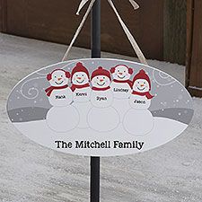 a sign that says the mitchell family with snowmen hanging from it's pole