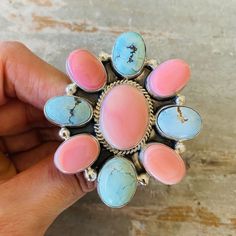 Navajo Signed Sterling Silver Pink Conch & Golden Hills Turquoise Cluster Ring! Condition: Brand New, Handmade! Stamped Sterling And Signed Ad! So Freakin Cute! See Photos! Retail $780! Size: Adjustable (Currently Set To 9 1/2, Let Me Know What Size You Need) 2 1/4” H X 2” W! This Is Only For One Ring, The Other Items Are Up Separately! I Have Multiple Native American, Navajo, Zuni, Taxco, Antique, Vintage, And Other Designer Items If You Want To Check Out My Other Listings! Sorry, No Trades! Sa Turquoise Jewelry Collection, Real Turquoise Jewelry Native American, Bohemian Turquoise Concho Ring, Golden Hills Turquoise, Pink Jewerly, Real Turquoise Jewelry, Turquoise Jewelry Rings, Vintage Turquoise Jewelry, Silversmithing Jewelry