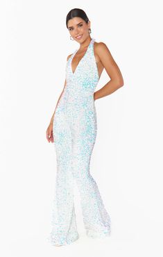 Studio Halter Jumpsuit ~ White Sparkle Sequin – Show Me Your Mumu Party White Sequined Jumpsuits And Rompers, Backless Jumpsuits And Rompers For Party, Chic V-neck Jumpsuits And Rompers For Party, Elegant Backless Sequined Jumpsuit Or Romper, Elegant Backless Sequined Jumpsuits And Rompers, V-neck Embellished Jumpsuits And Rompers For Evening, Embellished Jumpsuits And Rompers For Night Out, Elegant Backless Sequined Jumpsuit, Glamorous Jumpsuits And Rompers For Prom Party Season