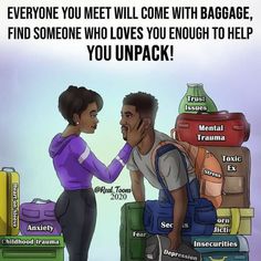 a man and woman standing next to each other with luggage stacked on top of them