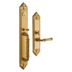 an ornate brass door handle on a white background