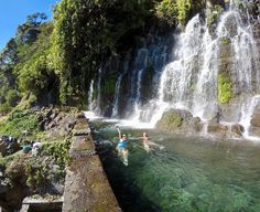 people swimming in the water near a waterfall