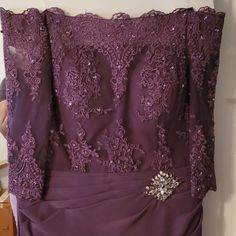 Long Plum Evening Dress Or Mother Of The Bride Dress Strapless With A Diamond Broach On The Side And Embroidery Size 14, 16 Only Worn Once Elegant Off-shoulder Dress For Mother Of The Bride, Purple Off-shoulder Wedding Dress, Purple Off-shoulder Dress With Fitted Bodice, Purple Evening Dress For Mother Of The Bride, Plum Evening Dress, House Dresses, Mother Of The Bride Dress, House Dress, Dress Formal