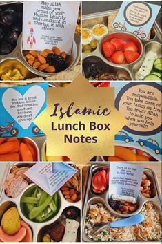 the lunch box is filled with different types of food and has writing on it that says islamic lunch box notes