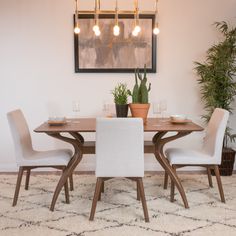 a dining room table with white chairs and a potted plant