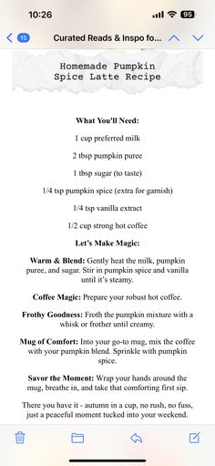 the menu for pumpkin spice latte recipe