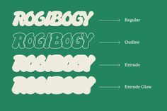 some type of font that is in different colors and sizes on a green background with the words rogby, robboy, outline, extrude, and glow