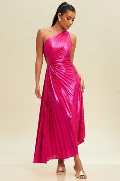 Turn heads in the "Metallic Cutout Pleated Maxi #Dress (Fuchsia)," a #dress that's as bold and lively as it is #elegantly designed. This stunning piece shines with a vibrant #fuchsia hue and metallic sheen, ensuring you're the star of any evening. The tasteful side cutout adds a hint of allure, while the pleated fabric gracefully flows to create a sense of movement. Ideal for #gala #events, special occasions, or when you simply want to dazzle. Pink One Shoulder Dress For Evening And Prom Season, Chic Metallic One-shoulder Dress, Metallic Draped Dress For Night Out, Pink One Shoulder Dress For Evening And Party Season, Pink One Shoulder Dress For Evening Party Season, Glamorous Draped One Shoulder Dress, Glamorous Satin One Shoulder Dress, Chic Pleated One Shoulder Dress For Party, Glamorous One Shoulder Dress For Spring Gala