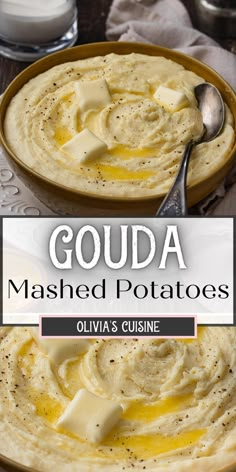 a bowl of mashed potatoes with cheese on top and the title overlay reads goula mashed potatoes