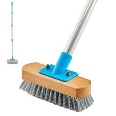 a broom and brush on a white background with one cleaning tool in the foreground