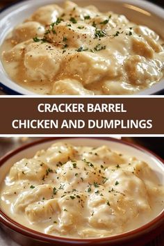 two pictures of chicken and dumplings in gravy