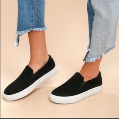 New In Box Black Flat Heel Slip-ons For Everyday, Black Casual Slip-ons With Contrast Sole, Trendy Black Slip-on Sneakers With Rubber Sole, Black Low-top Slip-ons For Spring, Trendy Black Low-top Slip-ons, Black Trendy Low-top Slip-ons, Black Low-top Slip-ons With Vulcanized Sole, Black Slip-on Sneakers With Perforated Toe Box, Black Slip-ons With Textured Sole For Everyday