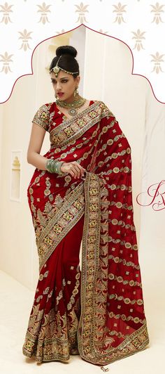 USD 92.03 Maroon Faux Georgette Embroidered Bridal Saree  32450 Bridal Lehenga Designs, Indian Sarees Online, Saree Models