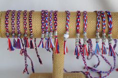 "This is a great way to celebrate Independence Day and show your spirit. Handmade with red, white and blue embroidery threads and metal beads. Standard length is 8\". Easy on and easy off. You can order them individually or as a set of 3! You can special order any length. Bracelets usually are from 6-10 inches in length and necklaces are usually from 16-23 inches in length. Send me your neck and wrist measurements when you order and I will custom make them just for you! Suggested lengths for bra Blue Friendship Bracelets For 4th Of July Gift, White Friendship Bracelets For 4th Of July, Patriotic Blue Friendship Bracelets As Gift, Patriotic Red Friendship Bracelet As Gift, Adjustable Friendship Bracelets For 4th Of July, Patriotic Multicolor Friendship Jewelry, Red White Blue Bracelets, Patriotic Multicolor Friendship Bracelets, Handmade Patriotic Bracelet Jewelry