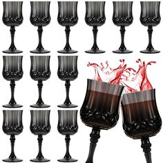 there are many wine goblets with red liquid coming out of the top one