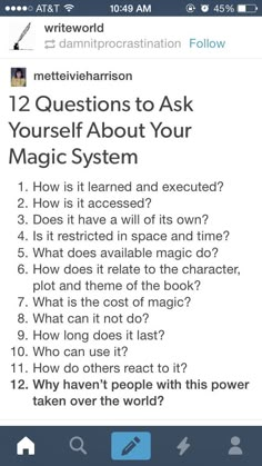 an iphone with the text 12 questions to ask yourself about your magic system