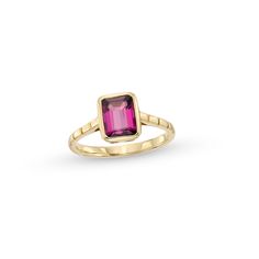 Sleek and modern, this rhodolite garnet fashion ring makes a sophisticated statement. 10K rose gold. The ring showcases a bezel-set 6.0 x 8.0mm rhodolite garnet center stone. Grooved detailing lines the slender shank. Elegant Tourmaline Birthstone Ring With Bezel Setting, Elegant Faceted Tourmaline Ring, Pink Sapphire Ring Rose Gold, Multi Stone Rings, Champagne Sapphire, Rhodolite Garnet Ring, Pink Garnet, Ring Inspiration, Garnet Engagement Ring