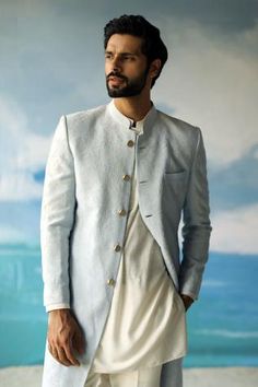 Shop for Philocaly Blue Cotton Meru Embroidered Achkan Set for Men Online at Aza Fashions