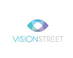 the vision street logo is shown in blue and purple colors, with an eye on it