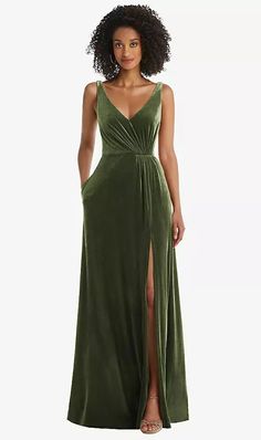 Shop this Elegant shirred detailing adds a sumptuous effect to this lux velvet maxi dress with pockets. The dress is gorgeously designed to flatter the figure with an open neckline and thigh-high slit. Olive Bridesmaid Dresses, Convertible Bridesmaid Dress, Dessy Collection, Maxi Dress With Pockets, Prom Accessories, Velvet Maxi Dress, Velvet Maxi, Green Bridesmaid, Infinity Dress