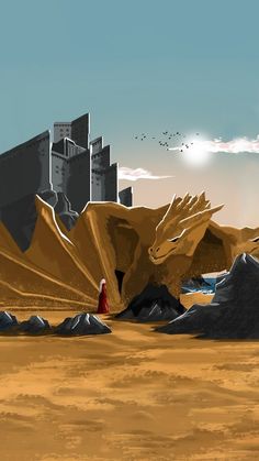 a digital painting of a castle in the desert with a woman standing on it's side