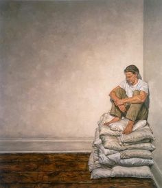 a painting of a man sitting on top of a pile of pillows