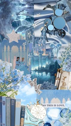 a collage of blue and white items including books, flowers, and other things