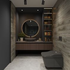 a bathroom with a large round mirror on the wall above it and a bench in front of it