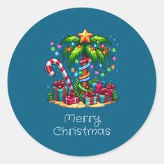 merry christmas sticker with presents and candy canes on blue round background, surrounded by palm trees